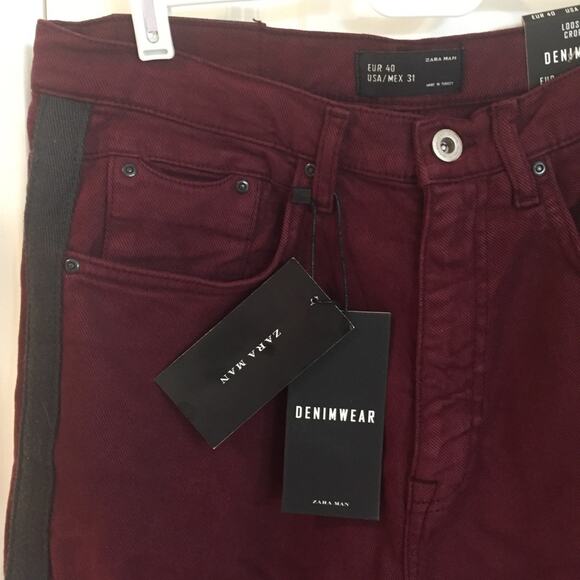ZARA MAN Burgundy Loose Fit Racer Stripe Cropped Jeans 31x23 Denim Mens NWT - Picture 7 of 8